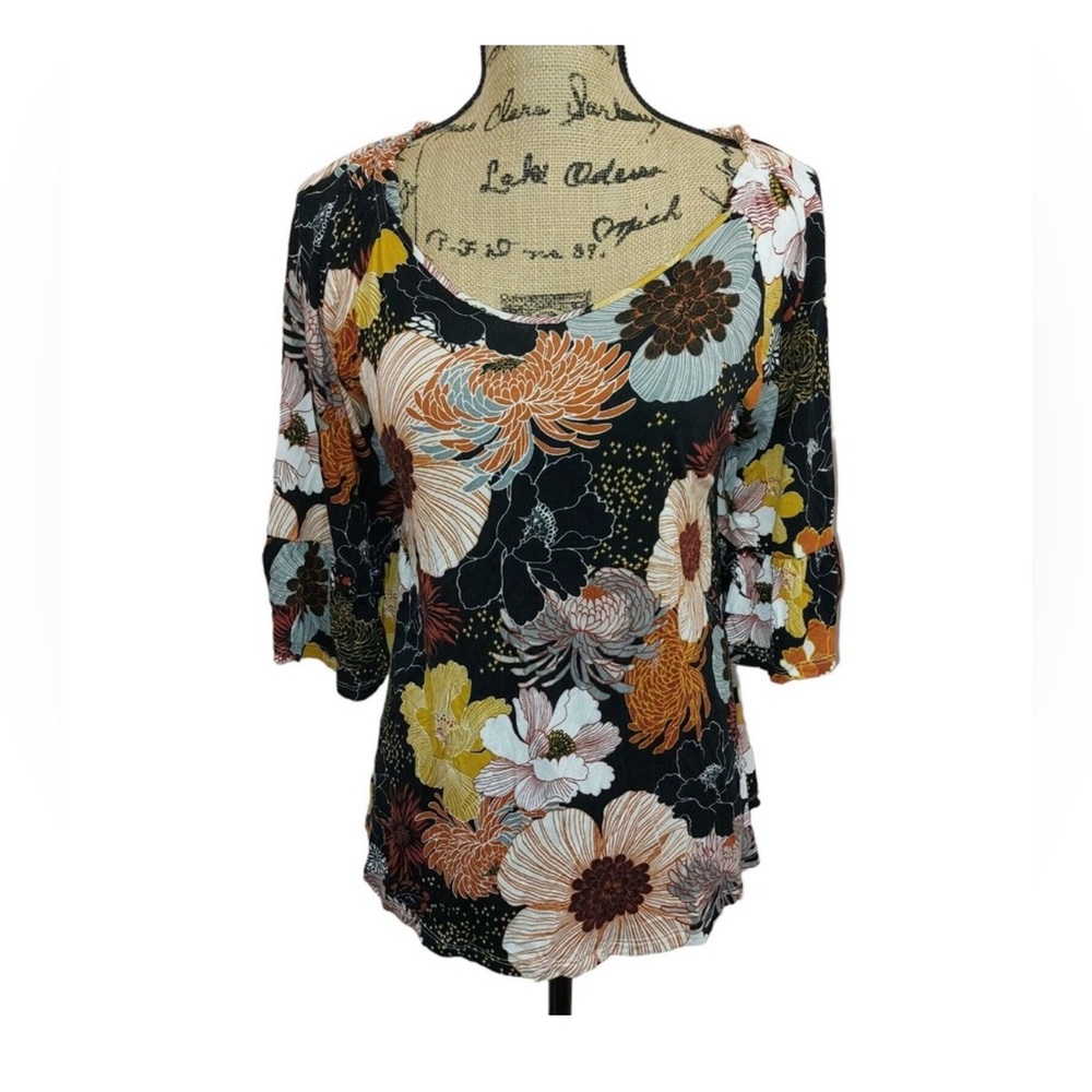 Bobeau Boho Top Womens S Black Floral Tie Back 3/4 Ruffle Bell sleeve soft